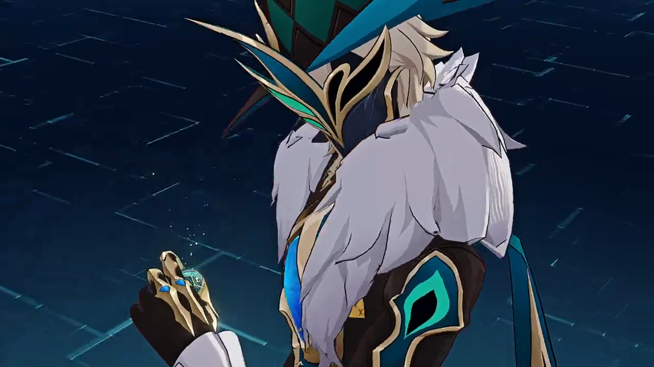 this image features a character from the game "genshin impact" named scaramouche. he is a male character with blond hair and blue eyes. he is wearing a blue and gold outfit with a white collar. he is also wearing a blue and green mask. scaramouche's  right hand is up towards the camera, with a blue and green orb in his hand. he is standing on a blue, grid patterned background.