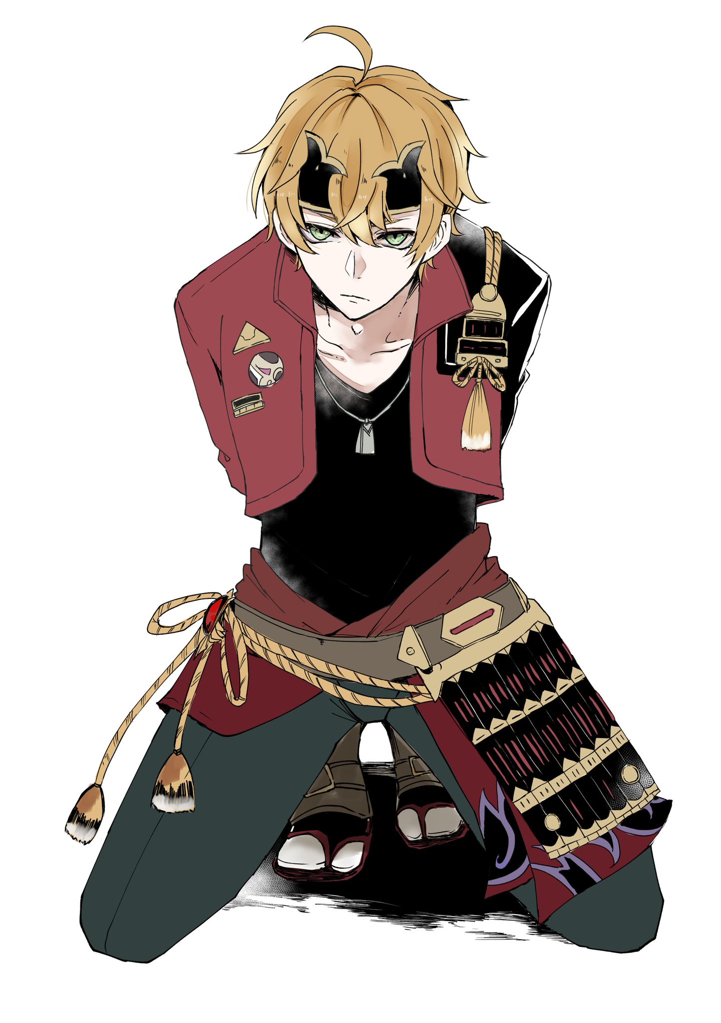 this is an anime style drawing of a male character. he is kneeling with his hands tied behind his back with rope. the character has blond hair, green eyes, and is wearing a red jacket over a black shirt. he is wearing dark pants and sandals and has an ornate belt with a long red rope tied to it. the image is drawn in black and white with some shading.
