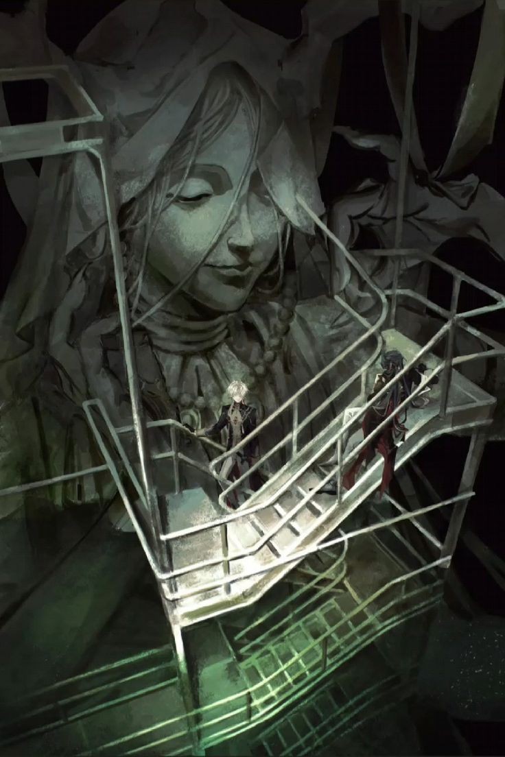two figures stand on a metal platform and stairway inside a large industrial building. looming over them is the head and torso of an enormous statue of a woman with closed eyes. her expression is peaceful, even as her form dwarfs the figures below. the overall palette is muted greens and grays, with a single light source illuminating the figures and a portion of the statue's face. the combination of industrial elements and the serene giant statue creates a mystical and slightly unsettling atmosphere.