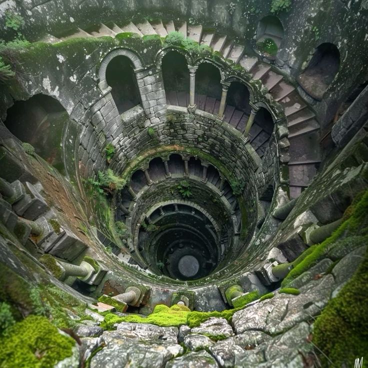 a topdown view of the initiation well at quinta da regaleira in sintra, portugal. the well features a winding spiral staircase descending into the earth. the stone structure is covered in moss. the image captures the well's architectural details including the arches, columns, and stonework.