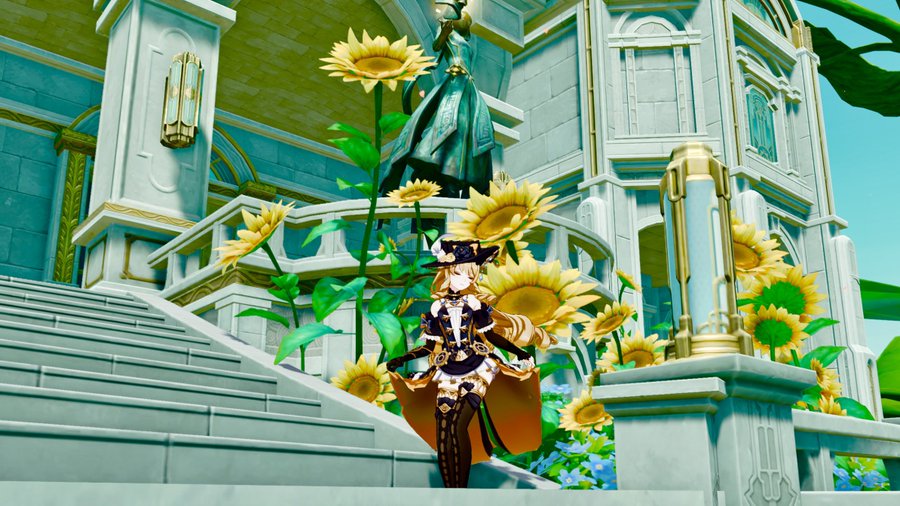 a vibrant digital illustration from the video game genshin impact depicts an animestyle girl character descending a grand staircase adorned with sunflowers. she is elegantly dressed in a black and gold outfit accented with orange, wearing a hat. the setting is a beautiful building with light teal architecture, complete with a bronze statue.  the overall style is whimsical and magical, with a focus on bright colors and summery vibes. the girl is clearly a main or important character in the game, and the image appears to be a promotional or ingame screenshot.