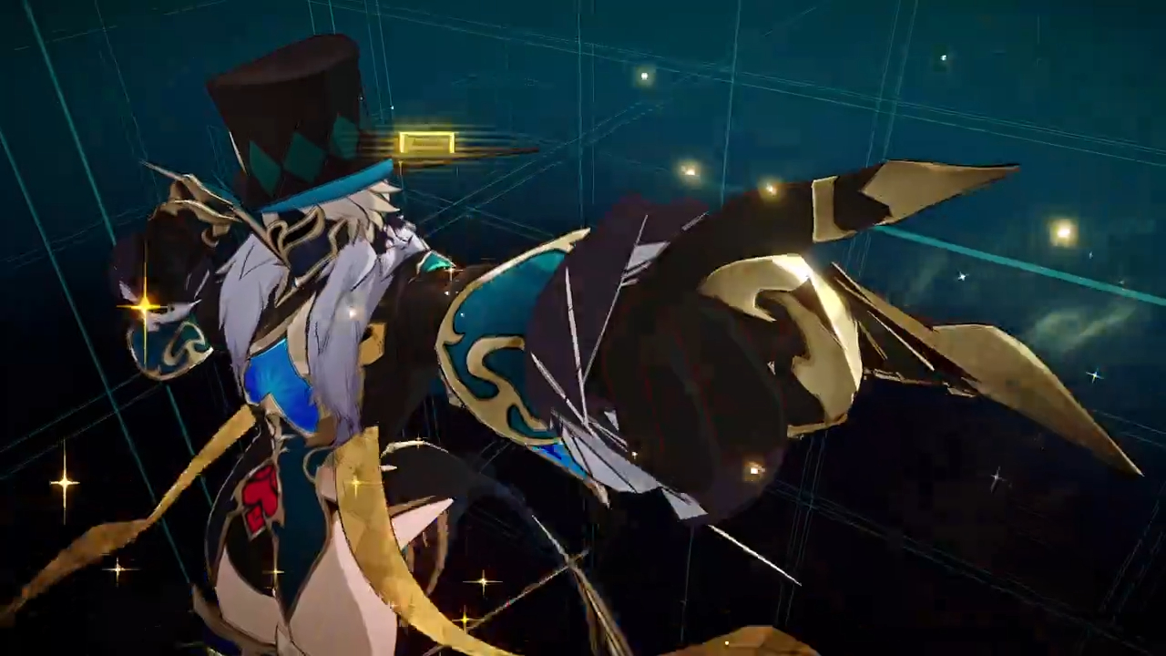 the image showcases a character from a video game. the character is dressed in a dark, flamboyant costume, with a large top hat on their head and intricate gold and turquoise accents. the character's stance is powerful and aggressive, with their fist extended and their eyes focused on the viewer. the background is a dark, swirling vortex of colors, suggesting a magical or mystical setting.  the character appears to be a powerful fighter with a sword, a symbol of combat and power. the dynamic pose and swirling background create a sense of energy and excitement.