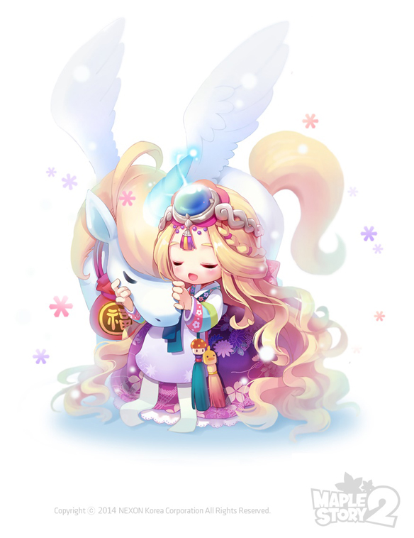a young, stylized girl with long blonde hair wearing a purple and white hanbok (traditional korean dress) embraces a small, white unicorn with wings. the unicorn holds a red and gold lucky pouch. the scene evokes a soft, dreamy atmosphere, with pastel colors and sparkling effects.