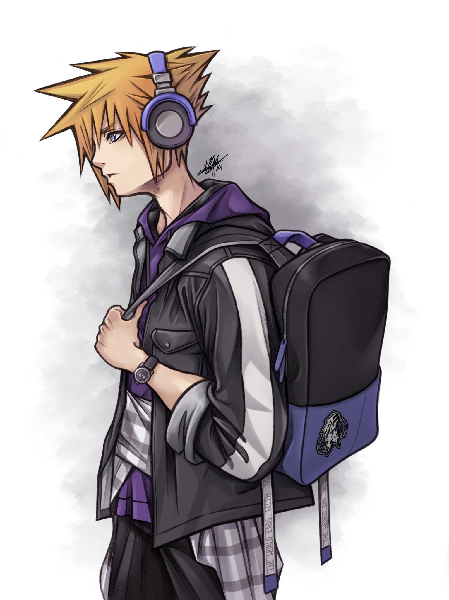the image shows a young man with spiky blond hair wearing headphones, a black and white jacket, a purple shirt, and a blue and black backpack. he is standing in a relaxed pose, looking to the left. the background is a light gray with a subtle smoky effect.