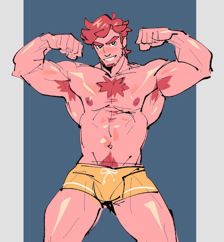 he image is a cartoonstyle illustration of a muscular man with red hair. he is flexing his biceps, showing off his toned physique. he's wearing yellow swim trunks and has a maple leafshaped tattoo on his chest. the art style is somewhat loose and sketchy, with visible brushstrokes. the color palette is primarily pink, yellow, and blue. the overall mood is lighthearted and playful.