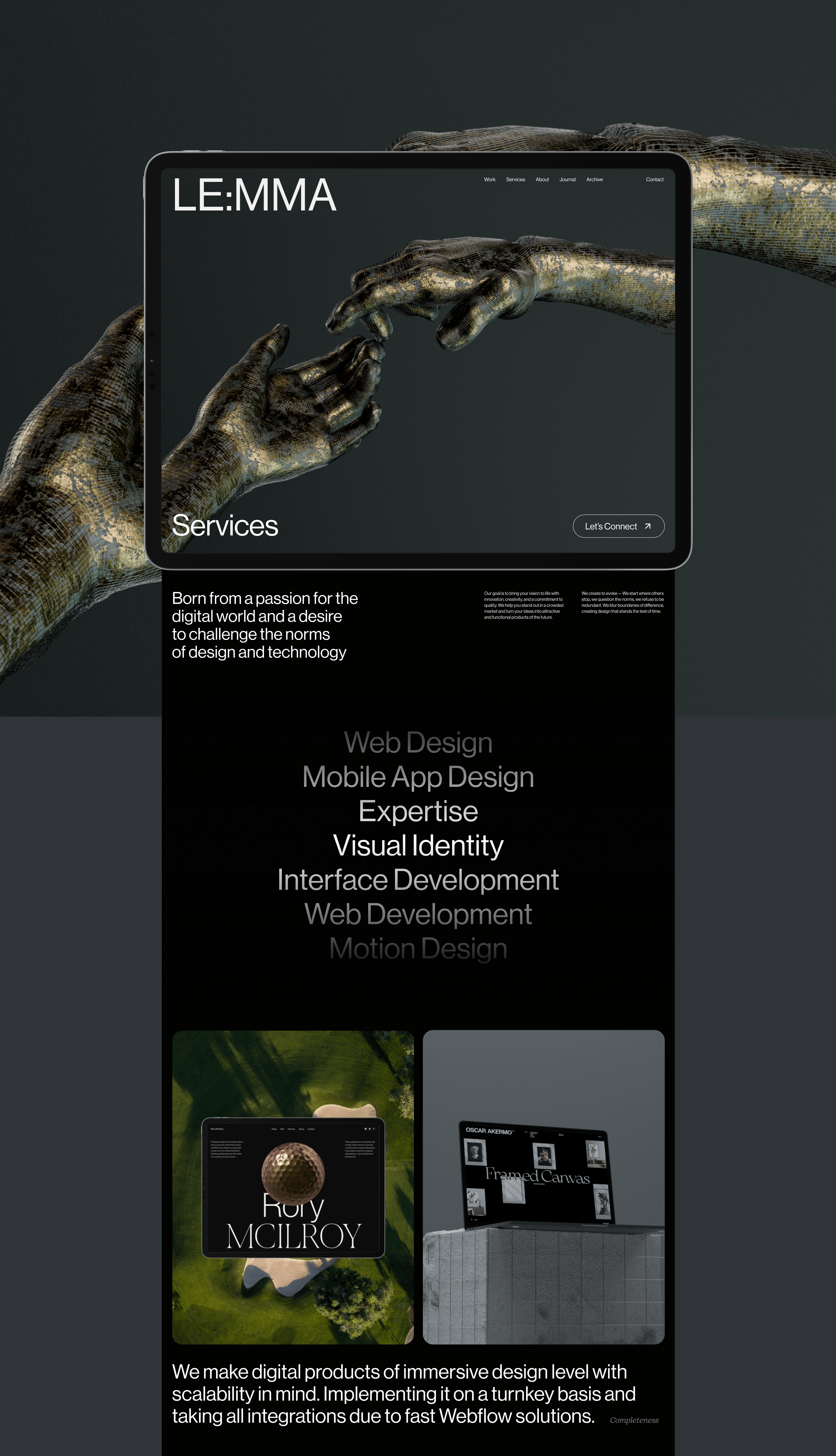 the image is a website design of a digital agency called le:mma. the website has a dark background and a sleek design, and the agency's services include: web design, mobile app design, expertise, visual identity, interface development, web development, and motion design. the image also shows two different projects that the agency has worked on, one is a website for a golf player and the other is a website for a real estate company. the website design is modern and stylish, and it highlights the agency's expertise in digital design and development.