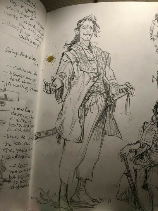 a sketch of a man in an ornate outfit, in a notebook, with a sword on his hip, looking confident and handsome, with an expression of excitement or anticipation. there is writing in the background, describing the character, making it appear to be a fictional character in a story.