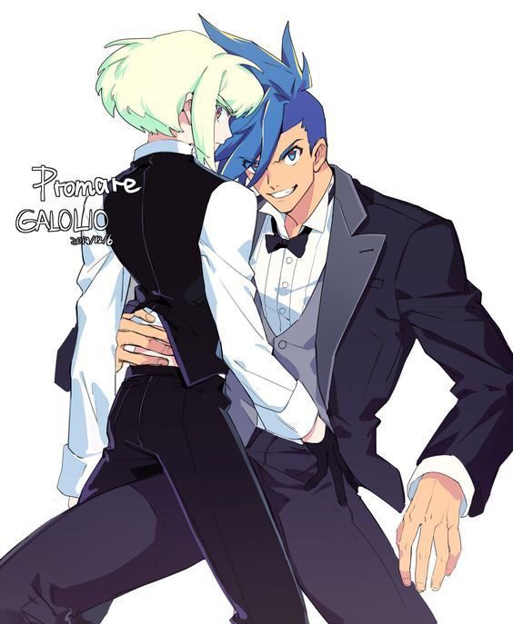 the image is a vibrant piece of fanart depicting galo and lio from the anime promare.  galo, with his signature blue hair, is dressed in a sharp black tuxedo, holding lio, who has light blonde hair and is in a more formal but less extravagant outfit.  the style is dynamic, showing an intimate embrace, yet the characters maintain a degree of playful energy. the art features sharp lines and strong colors typical of the anime's aesthetic, with a digitally created style.  a stylized "promare galo lio" text is included in the background. the overall impression is one of a romantic and dynamic scene between the two main characters.