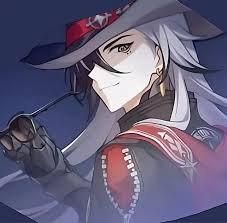 the image is a digital painting or fanart depicting an animestyle character. the character has long silver hair,  wears a widebrimmed hat with red accents, a dark jacket with red detailing, and appears to be holding a pair of sunglasses.  the character has a smirk and a confident expression, suggesting a cool and perhaps mysterious personality. the style is reminiscent of manga or video game character art, with a focus on sharp lines, expressive eyes, and a stylized rendering of clothing and hair. the background is a dark, muted bluepurple, drawing focus to the character. the overall impression is one of elegance and cool style.