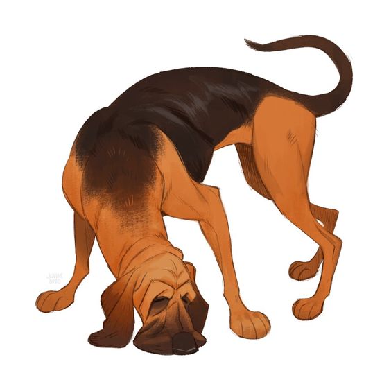 an illustration of a bloodhound dog with its nose to the ground, as if tracking a scent. the dog is depicted in a stylized, almost cartoonish manner, with exaggerated features like its long ears and drooping skin. the color palette is warm and earthy, with shades of brown, orange, and tan dominating.  the lighting is soft and diffused, with no harsh shadows.  the overall effect is one of gentle curiosity and focus.