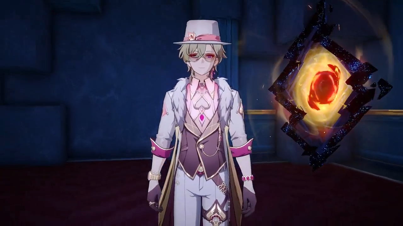 a male anime character with white hair and a white and gold hat is standing in front of a glowing dark symbol, his outfit is white, gold, and purple,  he is a character from genshin impact.