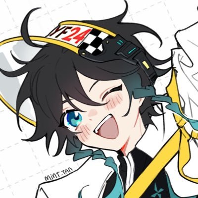 this is a digital illustration of an anime boy character. he is smiling and winking, and he has a yellow hat with a red number 24, black checkered design, and black headphone on. his eyes are blue and his hair is black. he is wearing a white shirt, yellow and white striped pants, and  blue, green, red, and black accessories.