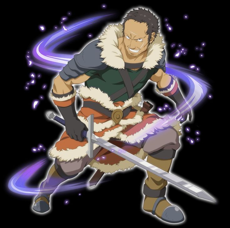 this is a digital illustration of a male anime character. he's a warrior, dressed in brown leather armor with a fur trim. he's holding a sword and looks fierce and ready for battle. the art style is anime and is set in a fantasy world. it's colorful and detailed. the background is black with purple glow surrounding the character. he is on his feet and his left leg is bent at the knee, his left arm is bent at the elbow and his right hand holds the sword.  the character has a fierce look and a determined expression on his face. he's facing the right side of the image.