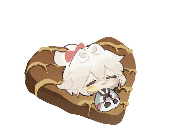 a chibi anime character is sleeping on a chocolate pastry in the shape of a heart. the character is wearing a white and pink bow. the pastry has a sweet and delicious appearance.