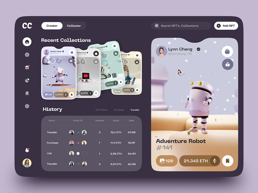 the image showcases a sleek and modern user interface (ui) design for an nft (nonfungible token) marketplace dashboard. key elements include activity history with details like transaction type, value, and date, recent collections with vibrant 3d robot illustrations, and user profile displays featuring avatars and wallet addresses. the design emphasizes a dark mode aesthetic with bold typography and clear visual hierarchy for optimal user experience.