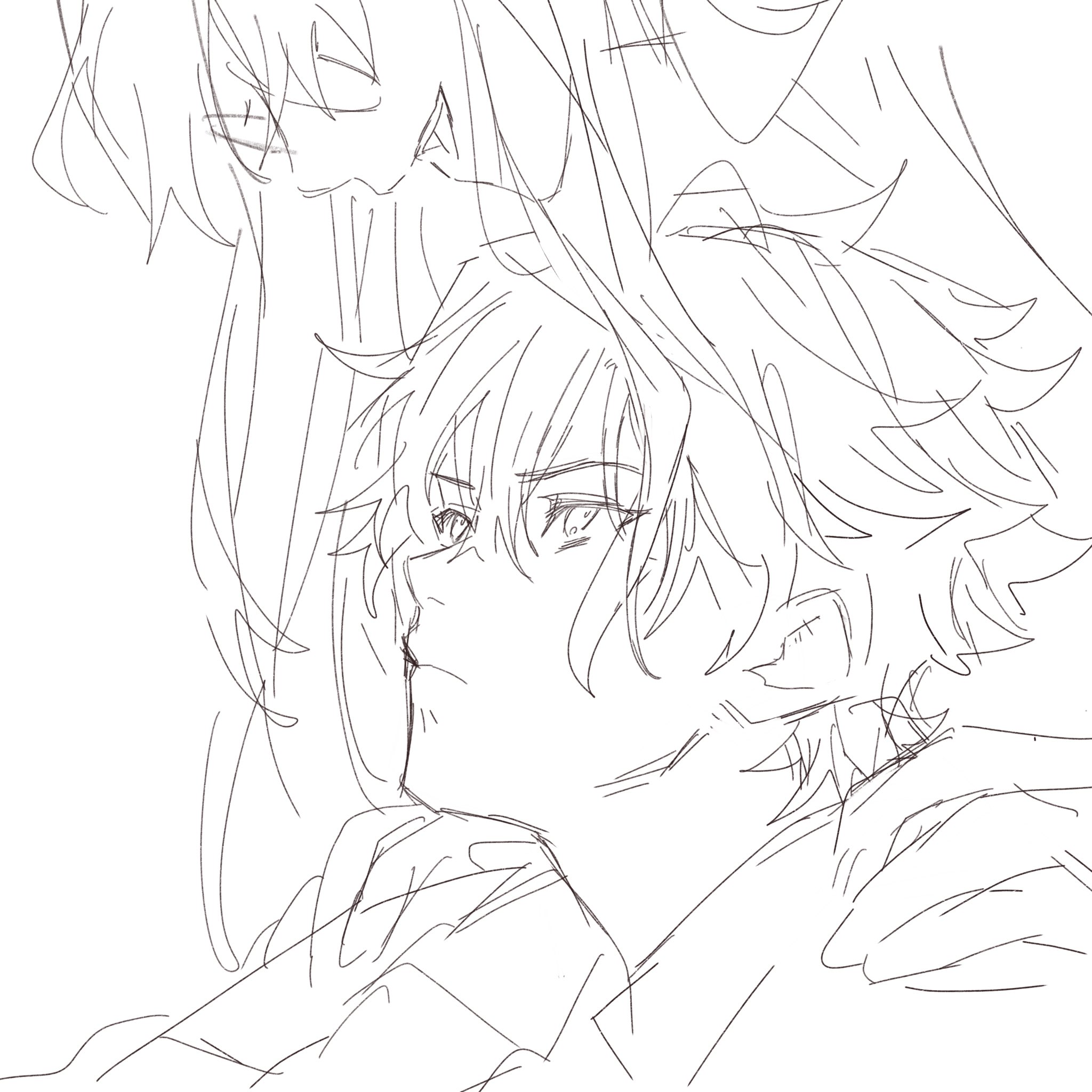 a black and white sketch of an animestyle boy with messy hair and a soft expression, leaning against another figure (partially obscured) with a similar style. the drawing is done in simple lines and lacks detail, giving it a casual and intimate feeling. the focus is on the boy's face, which appears contemplative and perhaps slightly shy.  the background is left blank, emphasizing the figures themselves.