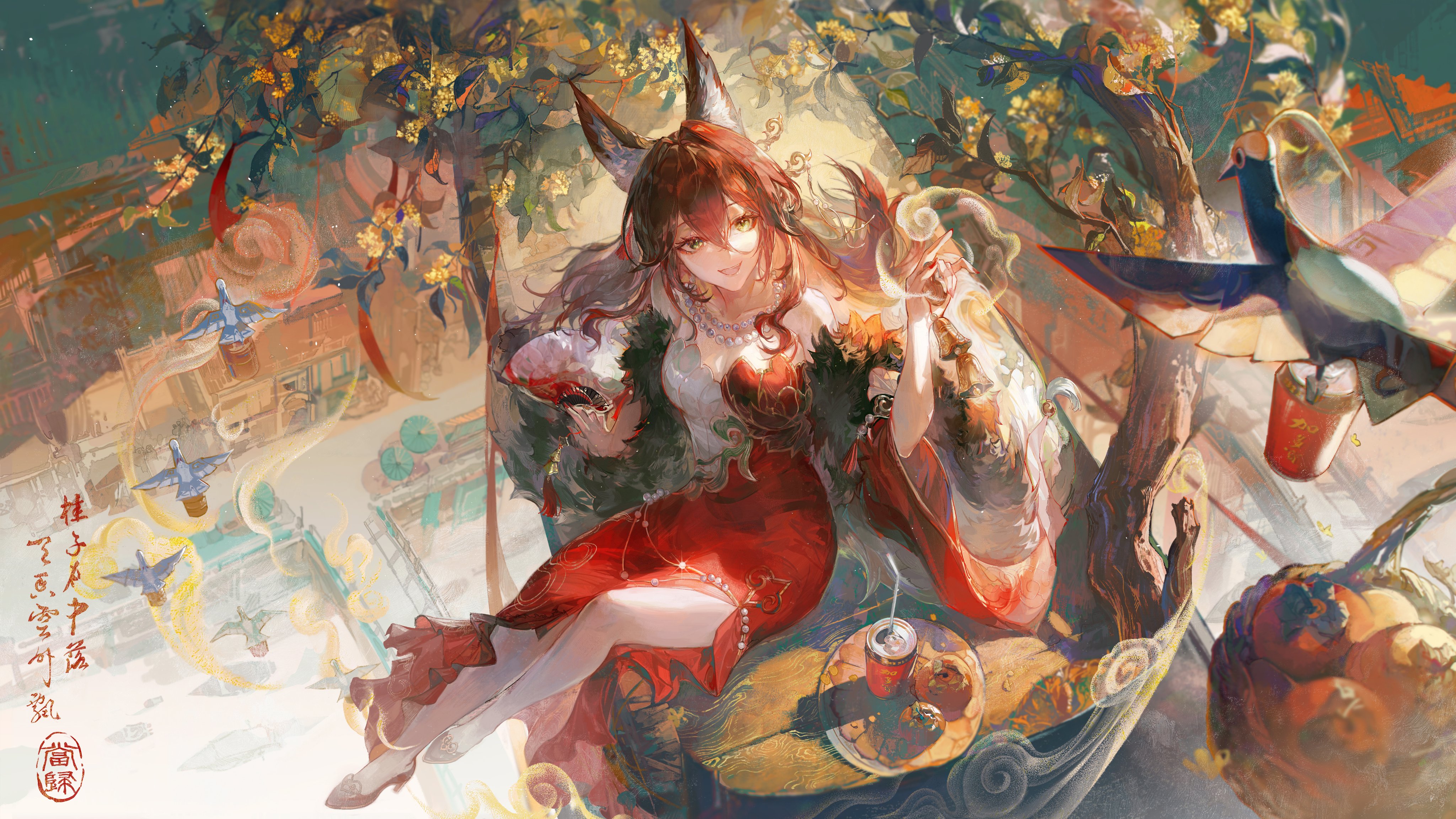 the image is a digital painting depicting a beautiful animestyle woman with fox ears. she's wearing a vibrant red qipao (or cheongsam), a traditional east asian dress, and is seated on a stone surface adorned with a teacup, a drink, and pastries. her surroundings are a fantastical blend of elements: a blossoming tree, flying birds, and a glimpse of a traditional chinese cityscape below. the overall style is whimsical and elegant, with soft lighting and a dreamlike atmosphere.  the colors are rich and saturated, creating a visually stunning piece. the artist's signature or watermark is partially visible.
