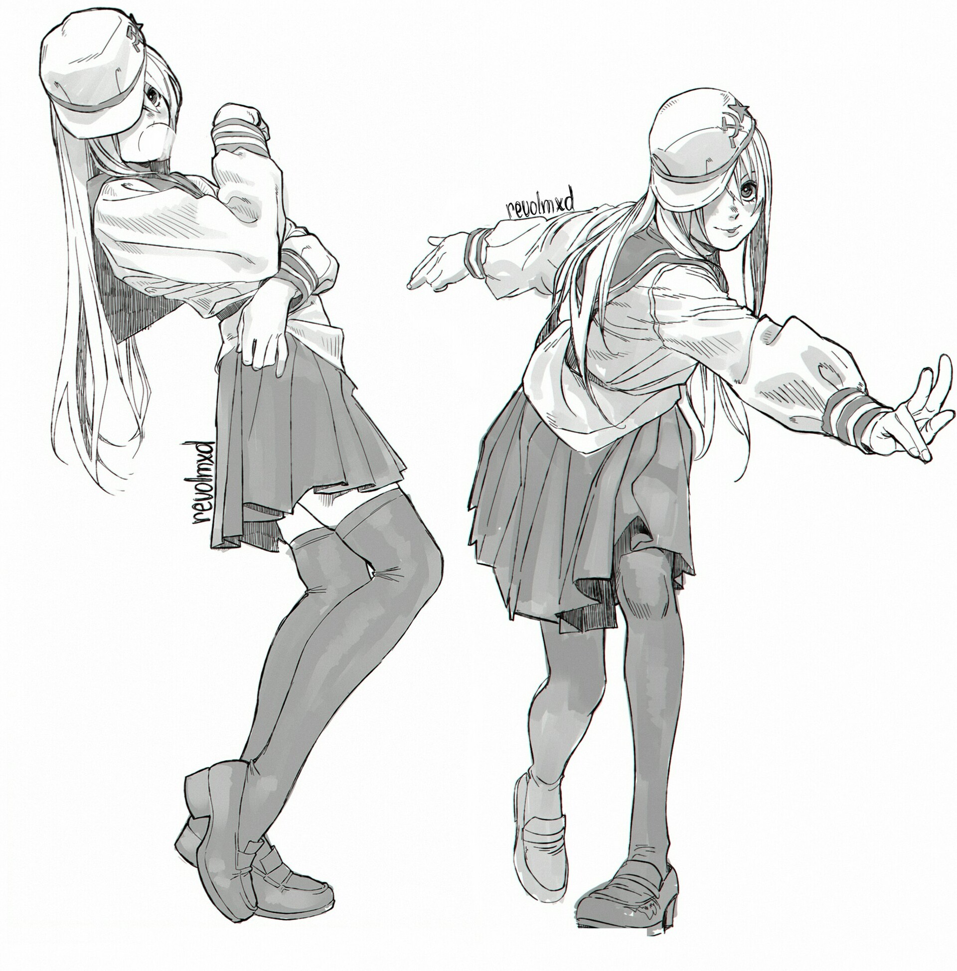 two black and white sketches of the same anime girl in a sailor uniform and hat, striking dynamic poses. she has long hair and is drawn with confident linework.