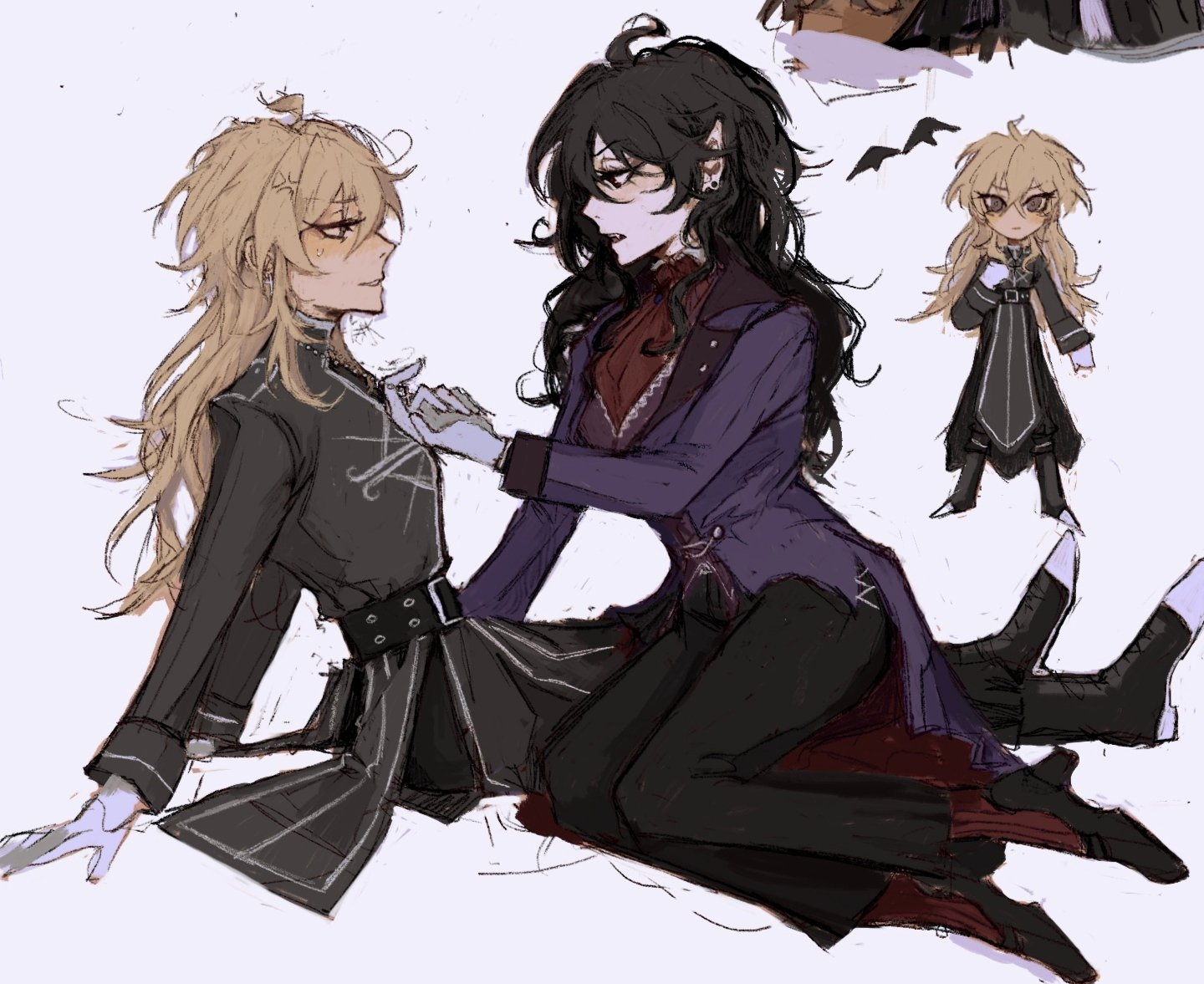 he image is a digital painting or illustration featuring two animestyle female characters. one has long blonde hair and is wearing a dark, stylish coat. the other has long black hair and is wearing a purple coat. they are in a close embrace, suggesting a romantic relationship. the art style is reminiscent of gothic or dark fantasy, with elegant clothing and a mysterious atmosphere. the background is simple and minimalistic, allowing the focus to remain on the characters. the overall style is sketchy and somewhat unfinished, giving it a spontaneous feel. a smaller version of the blondehaired character is also shown in the background.