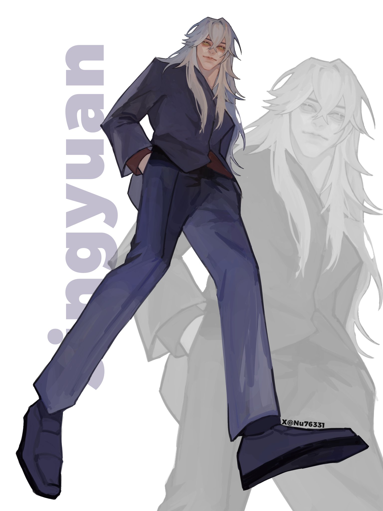 the illustration shows a young man with long white hair. the character is wearing a blue suit and has a stylish pose. he is standing on a grey background. the art style is digital and has a casual and cool vibe.