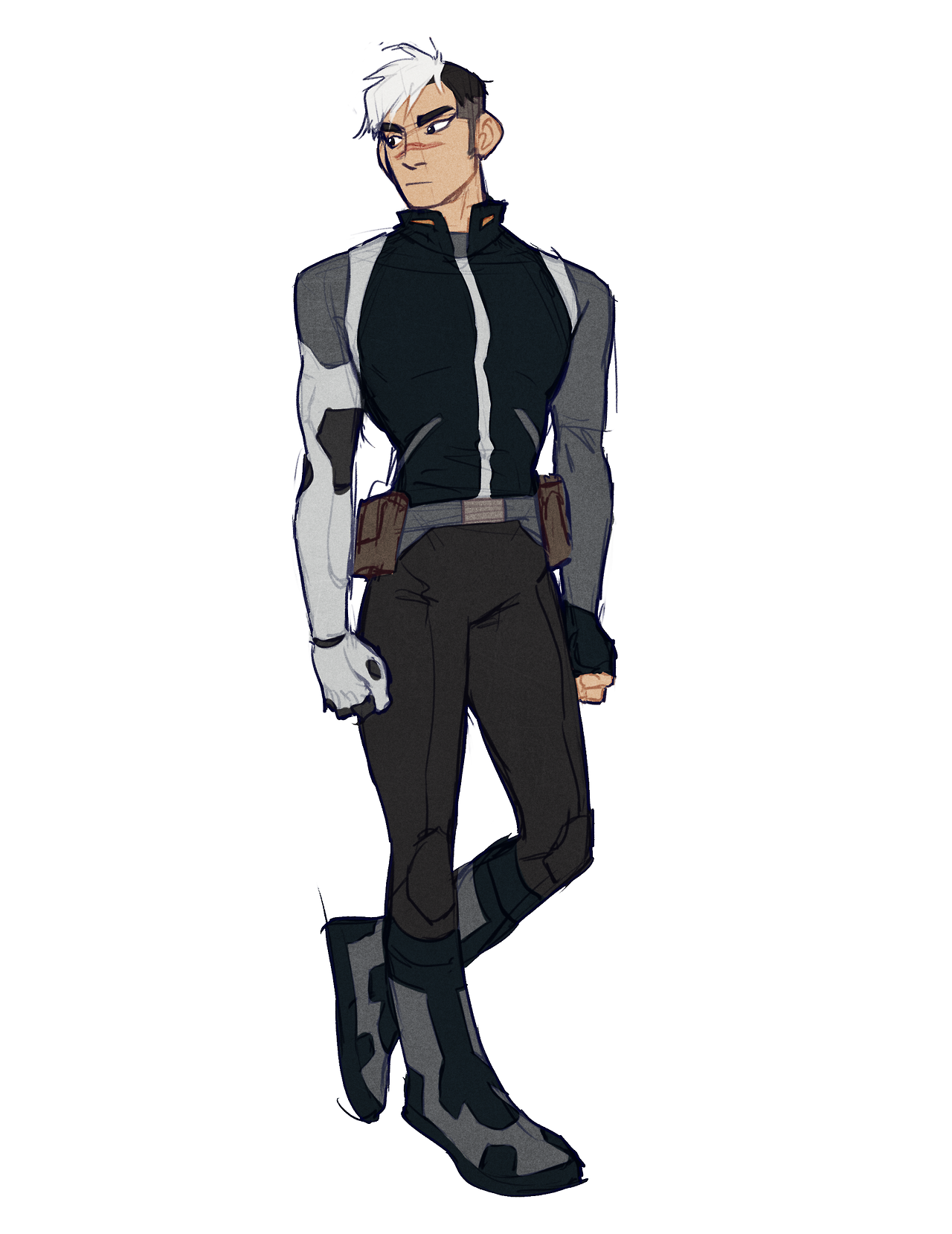 a digital drawing of a young man with white hair and a prosthetic left arm, dressed in a black and gray futuristic outfit. he stands against a white background, looking to his left. he has a serious expression on his face.  his outfit appears tactical with pockets and straps.