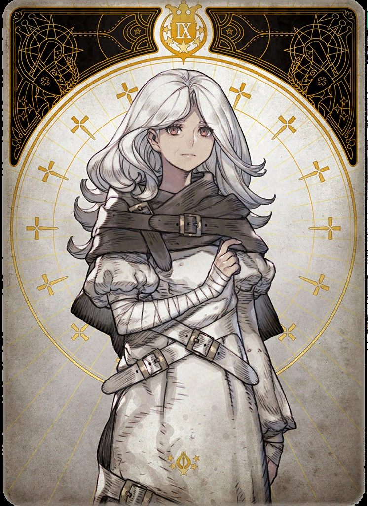 the image is a stylized drawing of a young woman with long white hair, reminiscent of a tarot card. she is dressed in a white dress with a cape, multiple belts, and bandages wrapped around her arms. the background features a circular design with crosses and roman numerals, contributing to a religious or symbolic theme. the overall palette is muted and earthy, creating a somber and mysterious atmosphere.