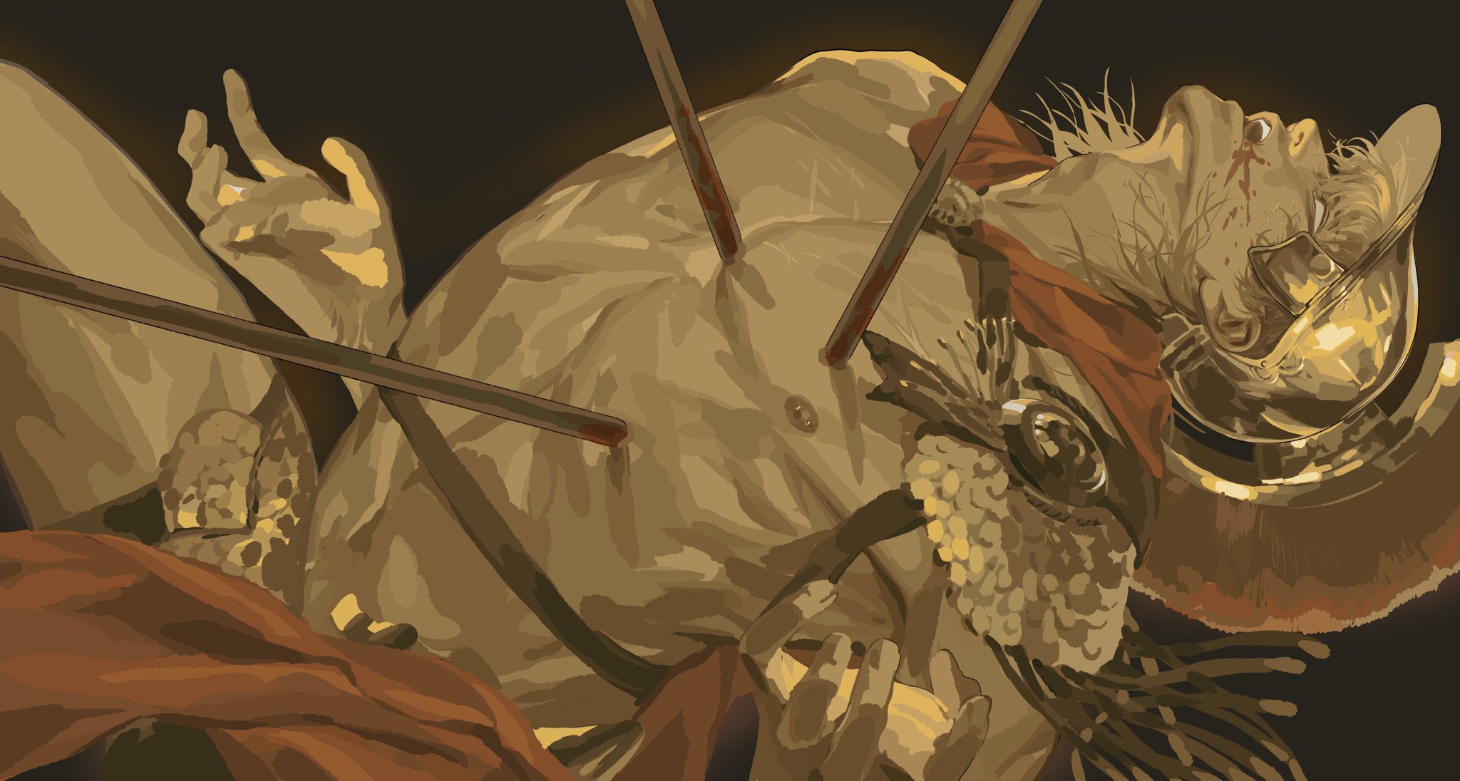 a depiction of a fallen warrior lying on the ground, pierced by arrows and seemingly defeated. he is wearing armor and a helmet, and there are signs of blood and injury, indicating a battle scene. the artwork suggests themes of death, sacrifice, and the cost of war.