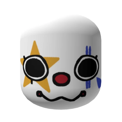 a white cartoon clown mask with a yellow star around one eye, black eyes, a red nose, blue markings under the other eye, and a black squiggly mouth. the background is black.