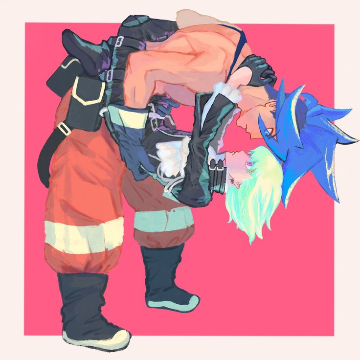 the image is a vibrant piece of digital fanart depicting a romantic embrace between two stylized animestyle characters.  one character, seemingly male, is dressed in a firefighterstyle uniform with orange pants and dark boots. he's muscular and holds the other character, who appears female, close against him in a diplike pose. the female character has distinctive, bright, pastelgreen hair and wears a dark, possibly militaryinspired outfit. both characters are looking deeply into each other's eyes, conveying strong emotions of affection or passion. the art style is expressive and dynamic, using bold colors and a painterly texture against a solid pink background. the overall mood is one of intense romance and intimacy.