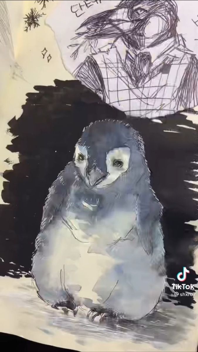 the image is a mixedmedia artwork featuring a charming, closeup depiction of a baby penguin. the penguin is rendered primarily in shades of gray and white watercolor, giving it a soft, fluffy appearance.  its expression is gentle and almost pensive. the penguin is the focal point, positioned in the lower center against a dark, inkwashed background. in the upper portion of the image, there is a separate drawing in ink which seems to be a more abstract or stylized figure, perhaps a person wearing a vest. the upper drawing is placed as an overlay using torn paper edges creating a collage effect. the entire piece exhibits a blend of realistic and expressive styles, suggesting both precision in the penguin's depiction and a freeflowing approach to the secondary figure. the overall style is artistic and expressive. a tiktok watermark is visible in the bottom right corner.