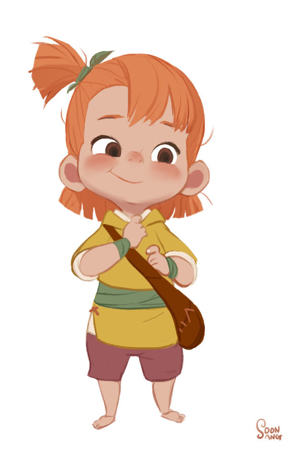 the image showcases a cartoon illustration of a young girl, likely a child. she has bright orange hair styled in a high ponytail, large, expressive brown eyes, and a charming, joyful expression. she is wearing a loosefitting yellow tunic with a green sash, brown shorts, and a brown satchel slung across her body. the background is a plain white, putting all the focus on the character. the style is reminiscent of children's book illustrations with its soft lighting and simple yet expressive design.