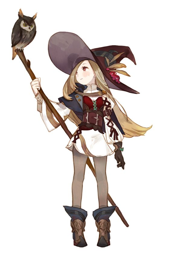 a young, lightskinned girl dressed as a witch stands facing slightly left. she has long, straight blonde hair and reddishbrown eyes. she wears a large, floppy witch's hat adorned with feathers and berries. her outfit is a mix of white, brown, and red, with a distinctive corset and decorative buttons. she holds a long wooden staff topped with a perched owl. her expression is neutral and inquisitive.