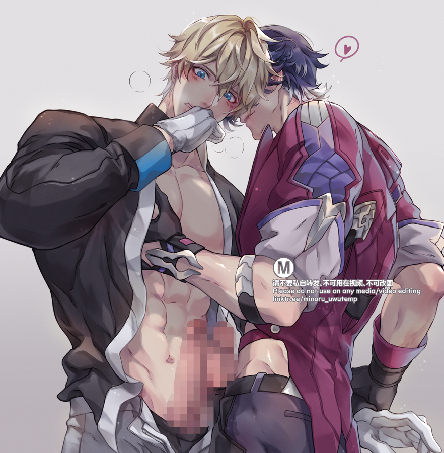 this is a digital illustration of two anime boys. one is blonde and wears a black, blue and white outfit with a  white glove. he is slightly blushing, looking down, and hugging the other boy from behind. the other boy has dark blue hair and is wearing a purple and white outfit with a red undershirt and a pink glove. he is looking back at the blond boy with a slightly surprised expression and has a pink heart above his head.