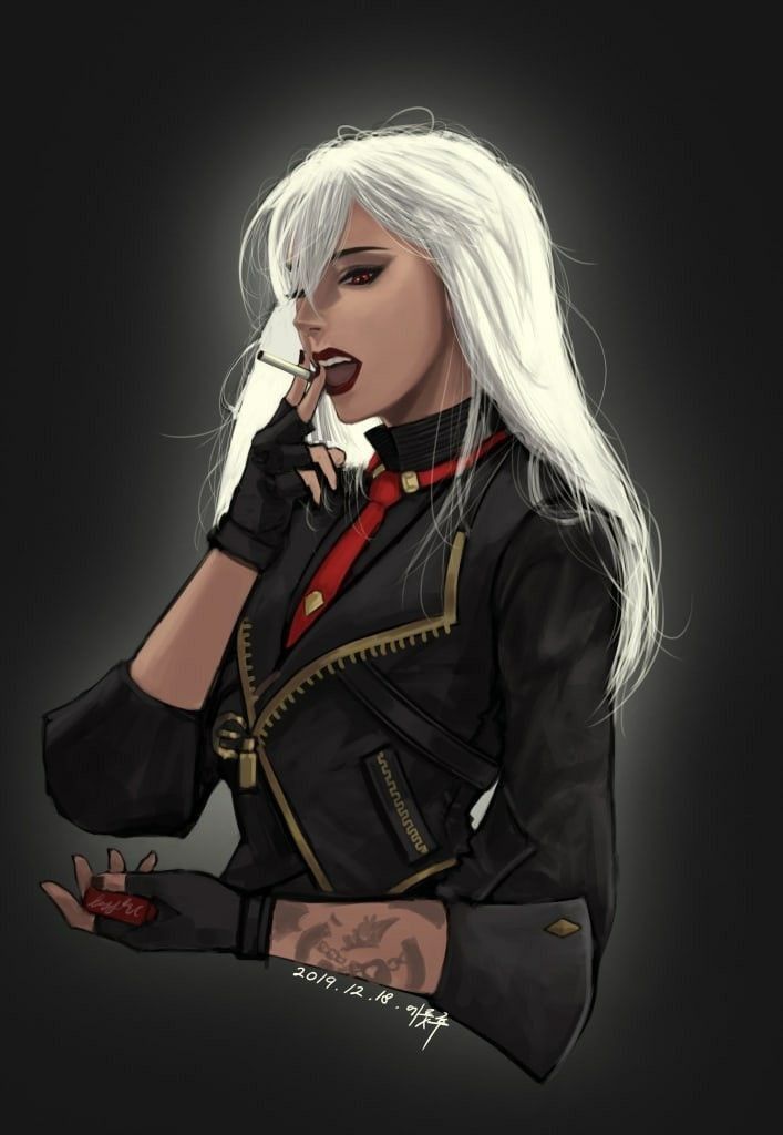 he image is a digital painting of a stylized animestyle woman. she has long, flowing white hair and is wearing a black leather jacket with a red tie. she's holding a cigarette in her mouth and has a confident, almost sultry expression.  her gloves are black, and she has a visible tattoo on her arm. the background is dark and moody, emphasizing the character's striking appearance. the style leans toward a more realistic portrayal of anime aesthetics, incorporating detailed shading and texture. the overall mood is one of cool confidence and mystery.