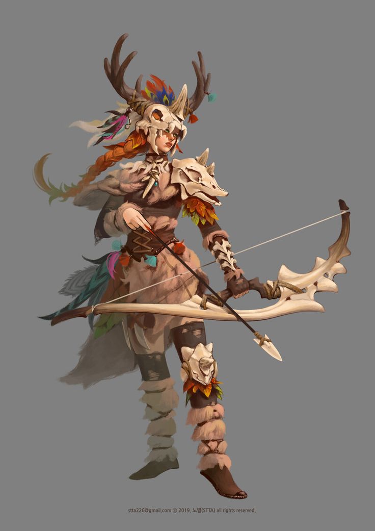 a woman in a warrior's outfit with a bow and arrow. she has a skull mask with antlers and is adorned with feathers and fur. she looks like she is ready for battle.