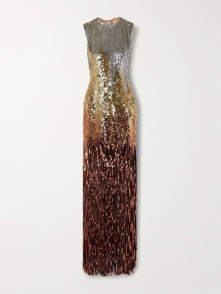 a sleeveless sequined gown with a silver top, gold middle and copperbrown fringe bottom. the dress has a classic and elegant design and would be perfect for a formal event.