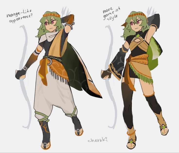 the image presents two distinct design concepts for a female archer character. the left figure is labeled "mangalike appearance," featuring a more flowing, stylized outfit with loose pants and a longer top. the right figure, marked "more gameish style," displays a design closer to a typical video game character, with a more fitted and detailed outfit. both characters share similar facial features, hair color and accessories (headband, bow and arrow). the overall style suggests fan art or concept art for a video game, possibly inspired by the zelda series given the character's design elements. the artist's signature, "cherhki," is visible at the bottom.