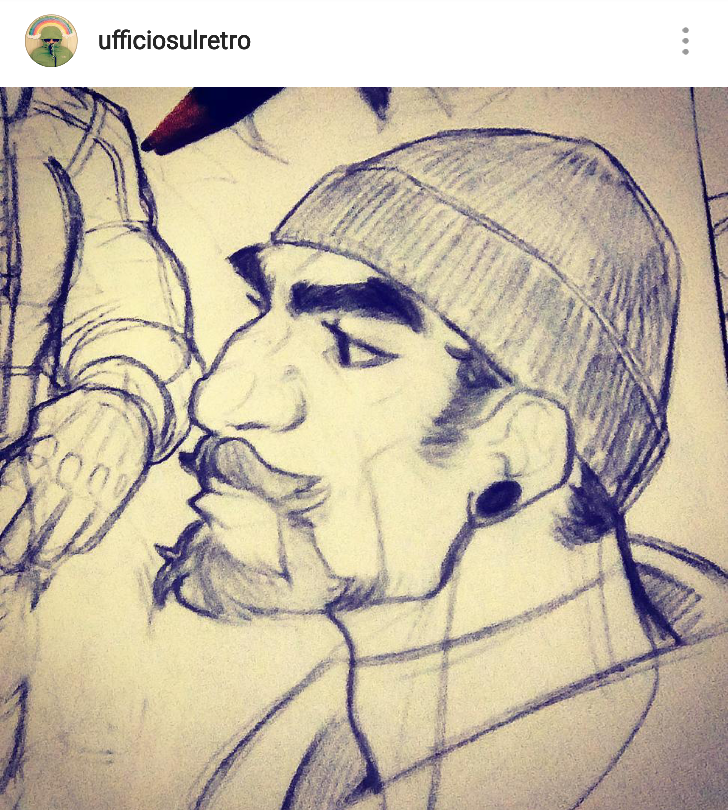 a  pencil sketch of a man wearing a beanie. the man has a mustache and an earring. the drawing is done in a sketchy style with visible pencil strokes.