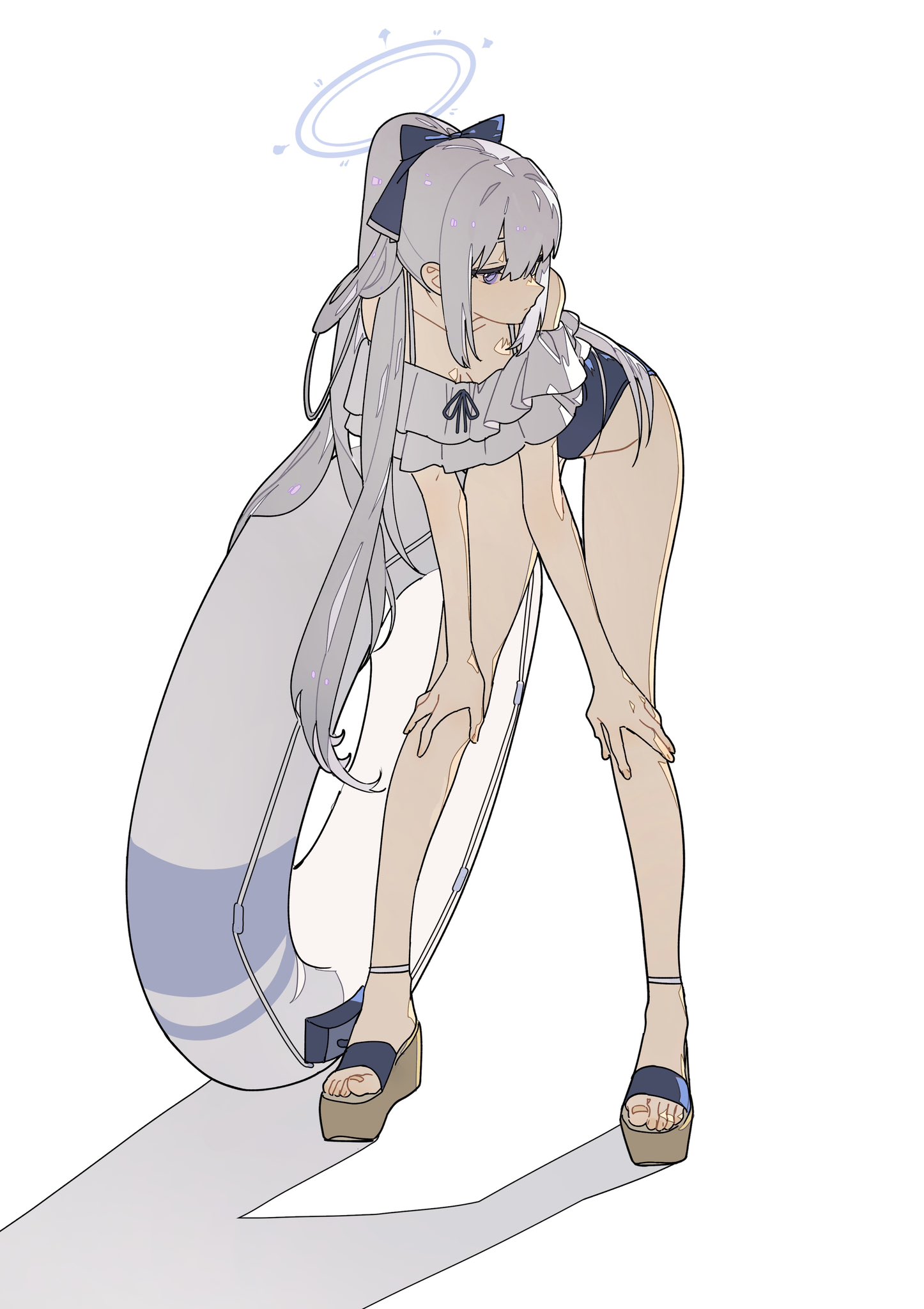 the image is a digital drawing of an anime girl with long white hair, wearing a white and blue swimsuit and sandals. she has a halo above her head and is depicted in a graceful pose, standing with her legs slightly bent. the background is white, with a subtle shadow under the girl. the style is elegant and cute.