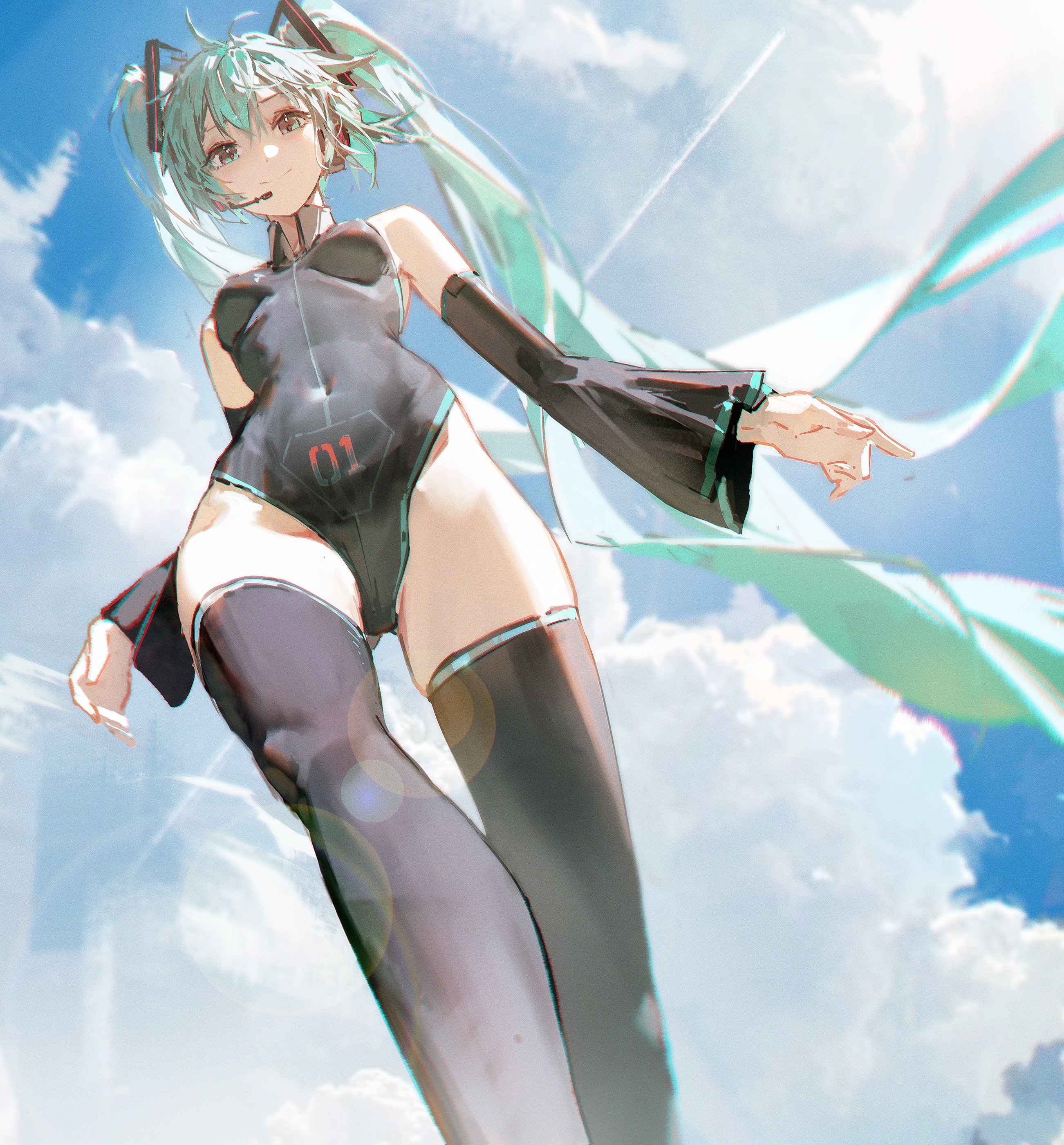 a digital illustration of a young woman with long green hair and blue eyes. she is wearing a swimsuit and is floating in the sky. the sky is blue and there are white clouds. the woman's hair is flowing in the wind and her expression is happy. the art style is anime, digital art, and illustration.