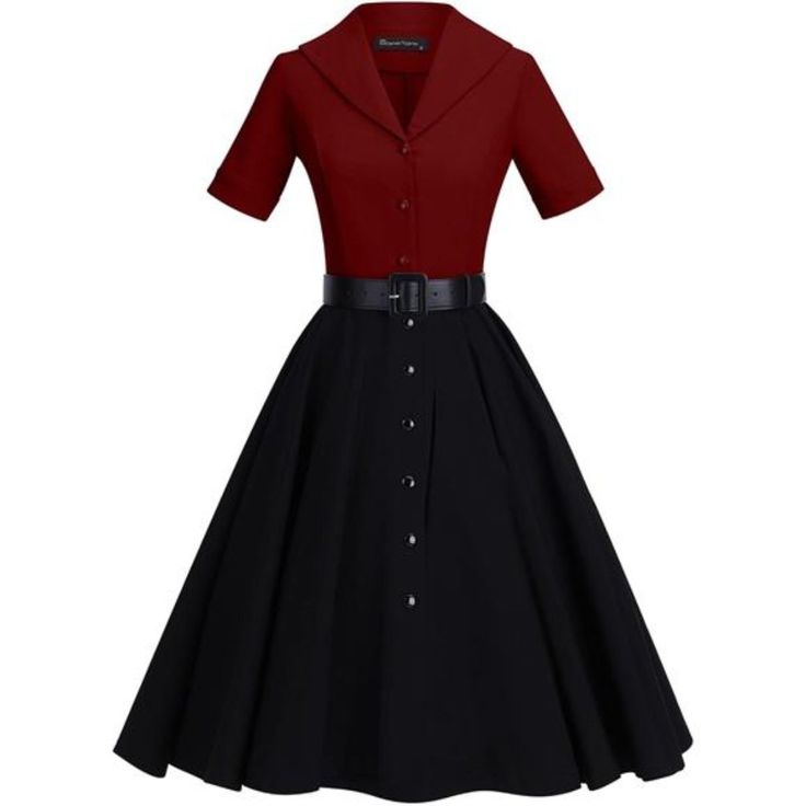 this image showcases a stylish vintageinspired dress. the dress features a classic 1950s silhouette with a fitted bodice and a flared aline skirt. it has a burgundy collared top with short sleeves and a buttondown front. a black belt cinches the waist, accentuating the feminine form. the skirt flows gracefully from the waist, ending at a midi length.