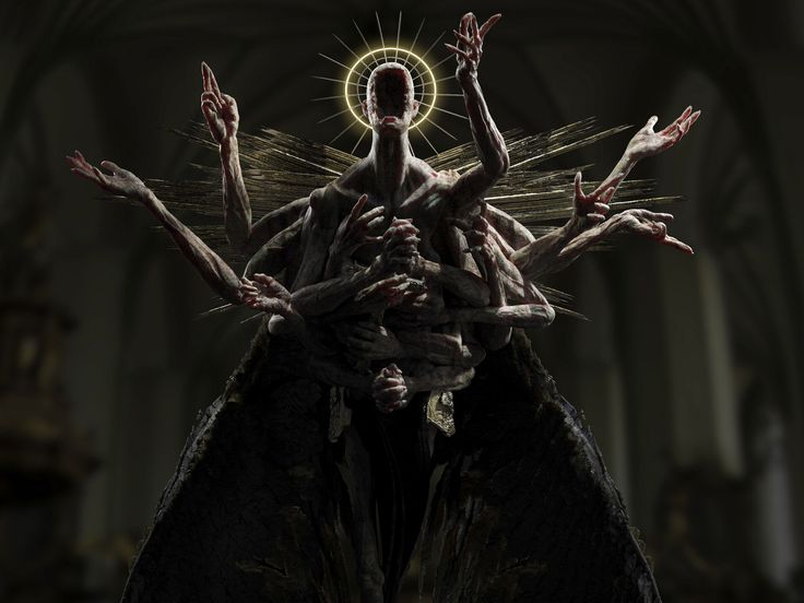 a horrifying monster with multiple arms and a halo stands in a dark and shadowy room. its face is obscured by darkness, but its eyes glow with an eerie light. the monster's limbs are twisted and contorted, and its hands are long and sharp. the monster is covered in a grotesque, slimy substance, and its body appears to be made of decaying flesh. the monster's wings are large and tattered, and they spread out behind it like a dark shroud. the entire image is dark and disturbing, creating a sense of dread and fear.