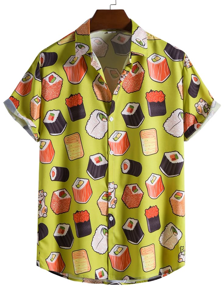 a shortsleeved buttondown shirt with a light green background and a pattern of sushi pieces, including rolls and nigiri, as well as maneki neko, the japanese waving cat.