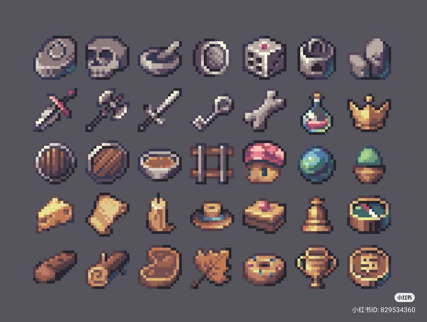 this image contains a set of pixel art icons with a fantasy rpg theme. the icons depict various objects and items, such as weapons, food, tools, and treasure. the color palette is muted and earthy, with a focus on browns, grays, and greens.
