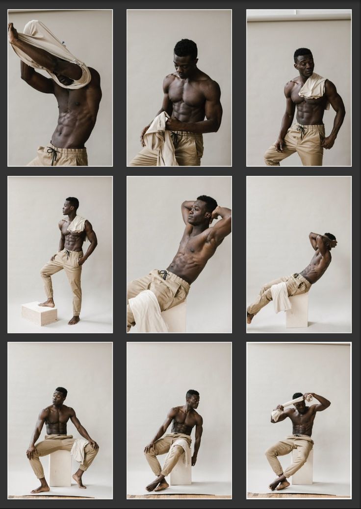 a collage of nine images, showing a shirtless muscular male model posing in various positions against a white background. he is wearing beige pants and a white towel in some images. he is posing with his hands on his hips, sitting on a box, and looking at the camera. the images are all taken in a studio setting and have a clean and minimal aesthetic.