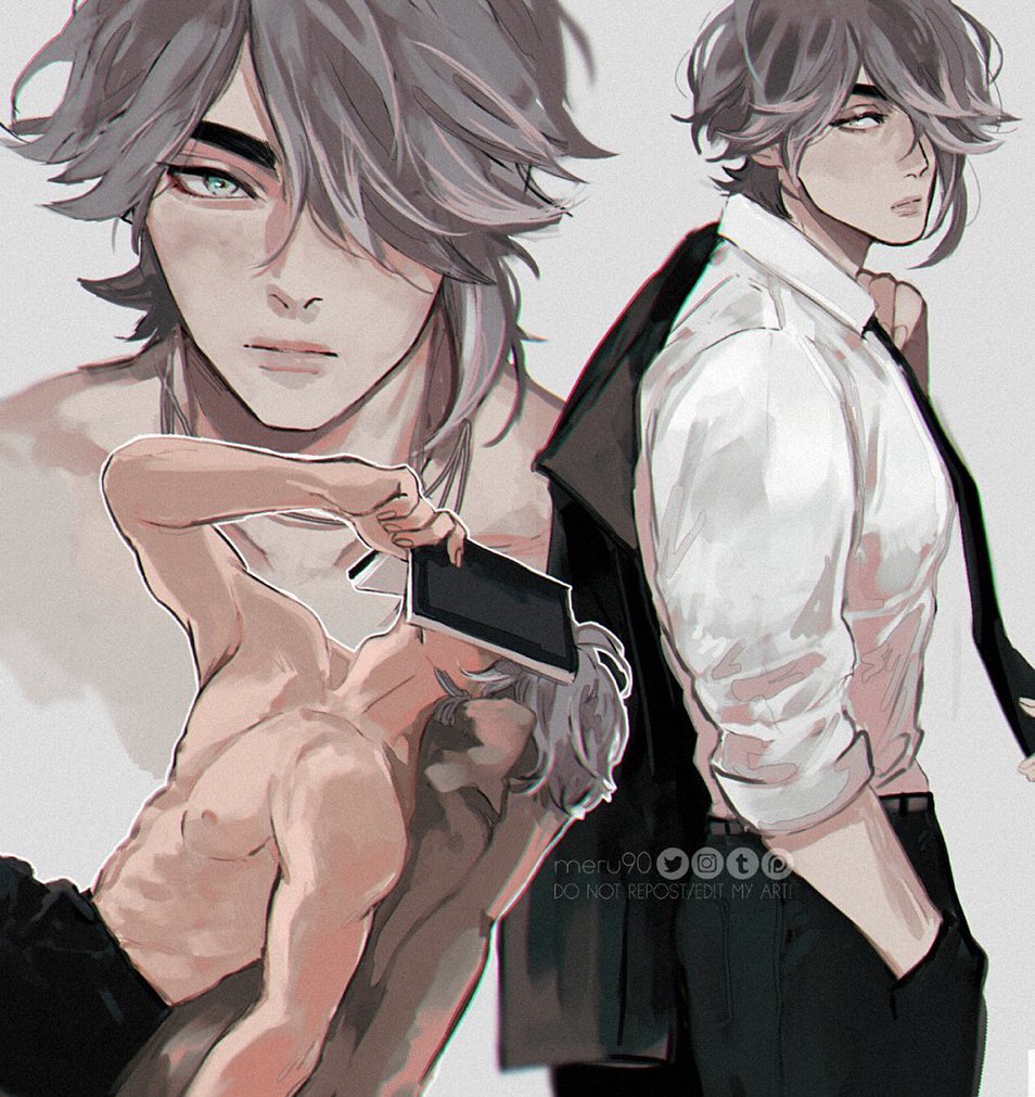 the image shows digital fanart of two male characters, seemingly the same person in different outfits. the character on the left is shirtless and  relaxed, holding a darkcolored object that resembles a book or tablet. he appears to have light grey hair.  the character on the right is dressed in a white shirt and a dark suit jacket, with a more formal and composed posture.  both characters have similar hairstyles and facial features, suggesting a before and after or alternative style presentation.  the art style is sleek and smooth, with soft shading and attention to detail in the hair and clothing. the artist's signature "meru90" is visible along with a copyright notice.