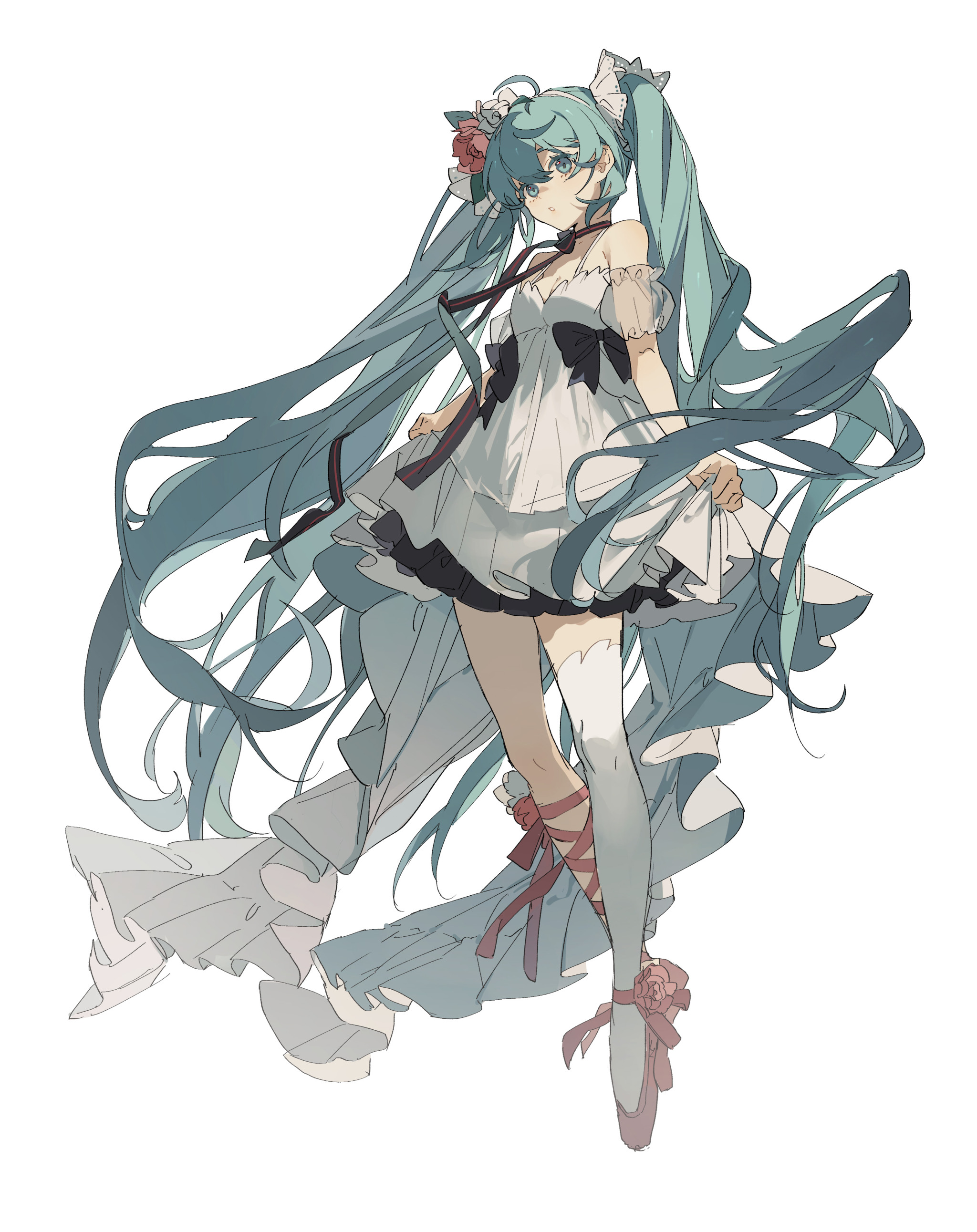 an illustration of hatsune miku in a balletinspired outfit. she has aqua hair styled in her signature long pigtails, adorned with flowers. she wears a white dress with black accents and red ribbons. her feet are clad in ballet shoes with roses attached. the artwork is in a digital art style.