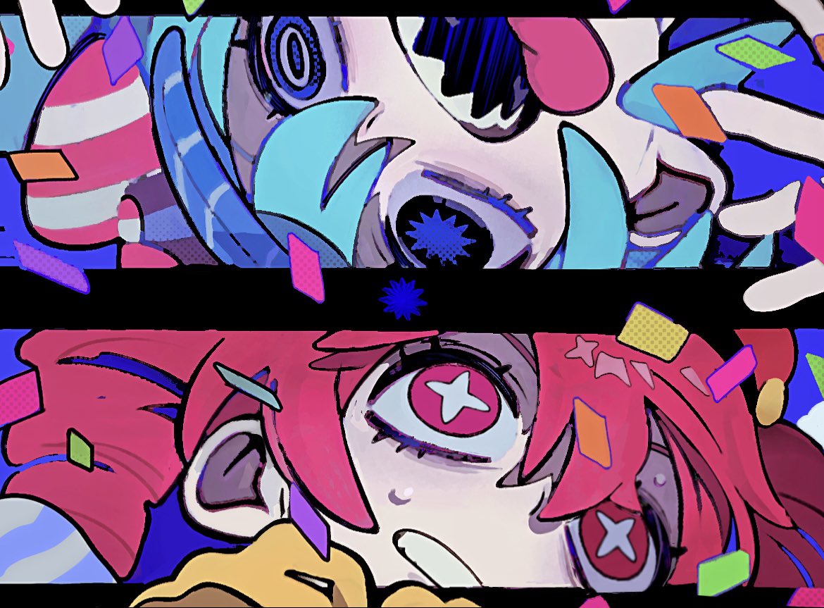 this is a colorful animestyle illustration of two girls with large eyes and colorful hair. the girls are drawn in a cartoony style with vibrant colors and exaggerated features. one girl is in a pink dress and the other in a blue dress. they both have a playful and happy expression on their faces. the illustration is full of vibrant colors and energy and is a great example of modern digital art.