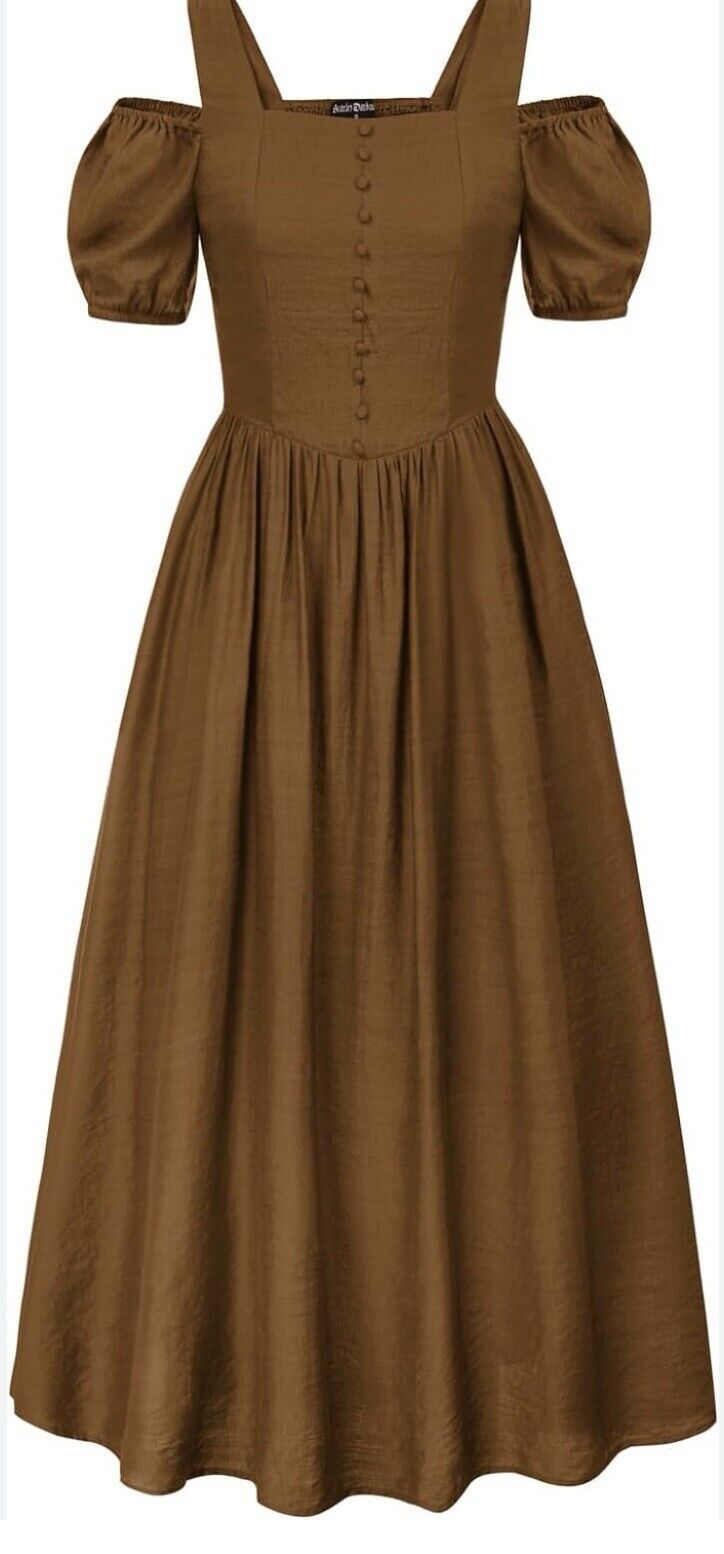 a brown midi dress with puff sleeves and a cold shoulder neckline. it has a buttonup front and a vintage style. the dress is made from a flowing fabric and is perfect for a formal occasion.