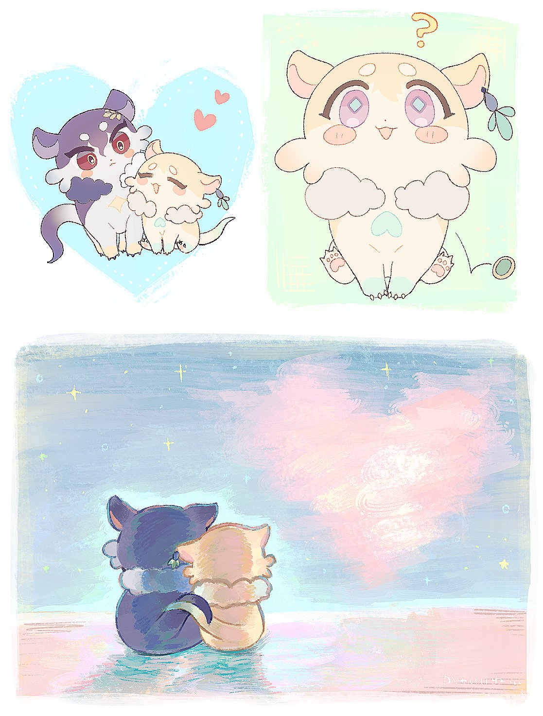 the image is a digital artwork showcasing several adorable chibistyle animal characters in different pastelcolored scenes. the top left panel depicts a pair of small furry creatures, one purple and one light yellow, nestled together in a heartshaped space.  the top right panel shows a single, fluffy, cloudlike character with a questioning expression. the bottom panel features two more furry characters, one purple and one orange, sitting together, gazing at a dreamy, starlit sky.  the overall style is soft, cute, and romantic, with a focus on pastel colors and gentle expressions.